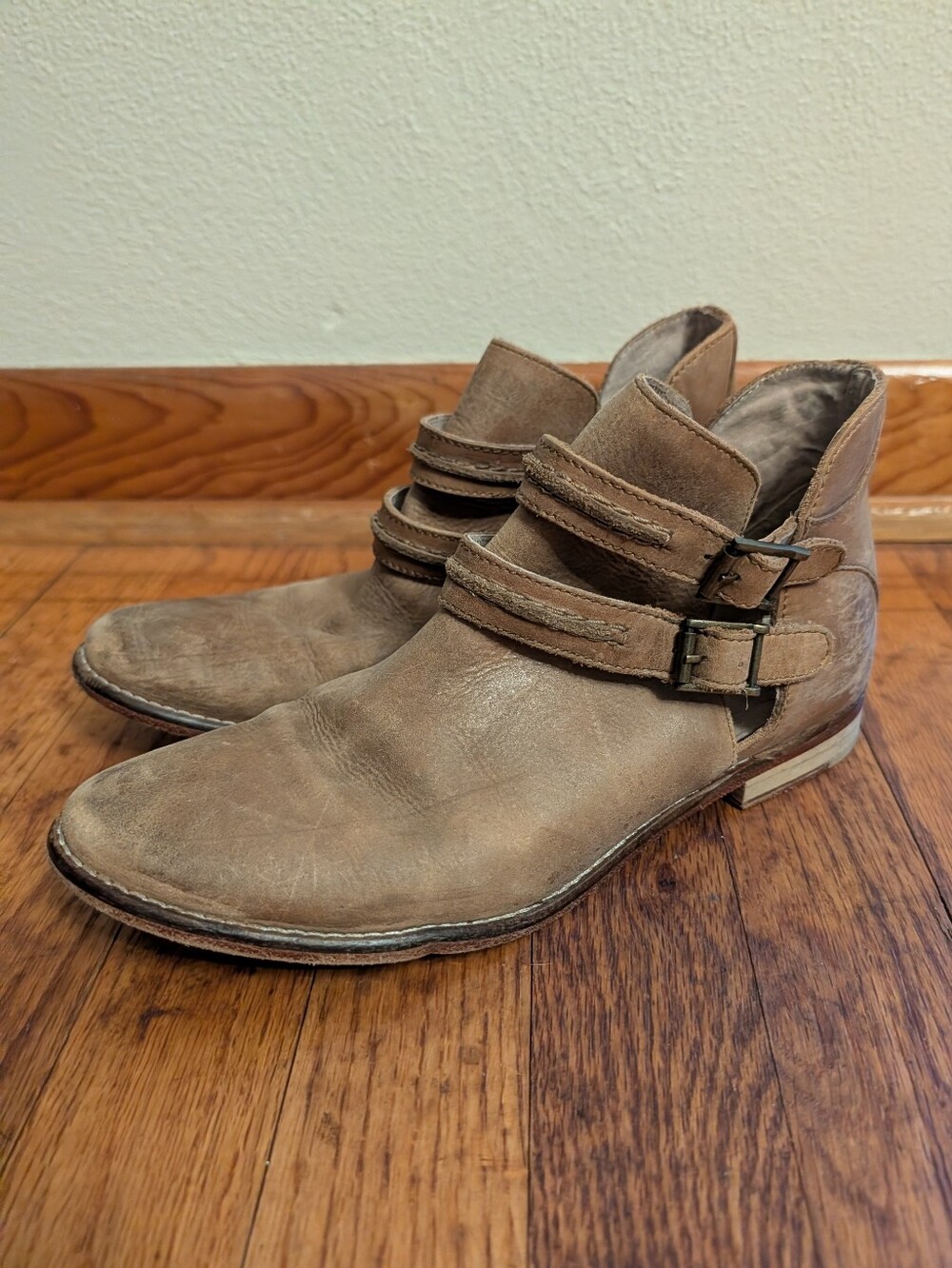 Free People Cream Tan Ankle Strap Detail Pull On Western Bootie